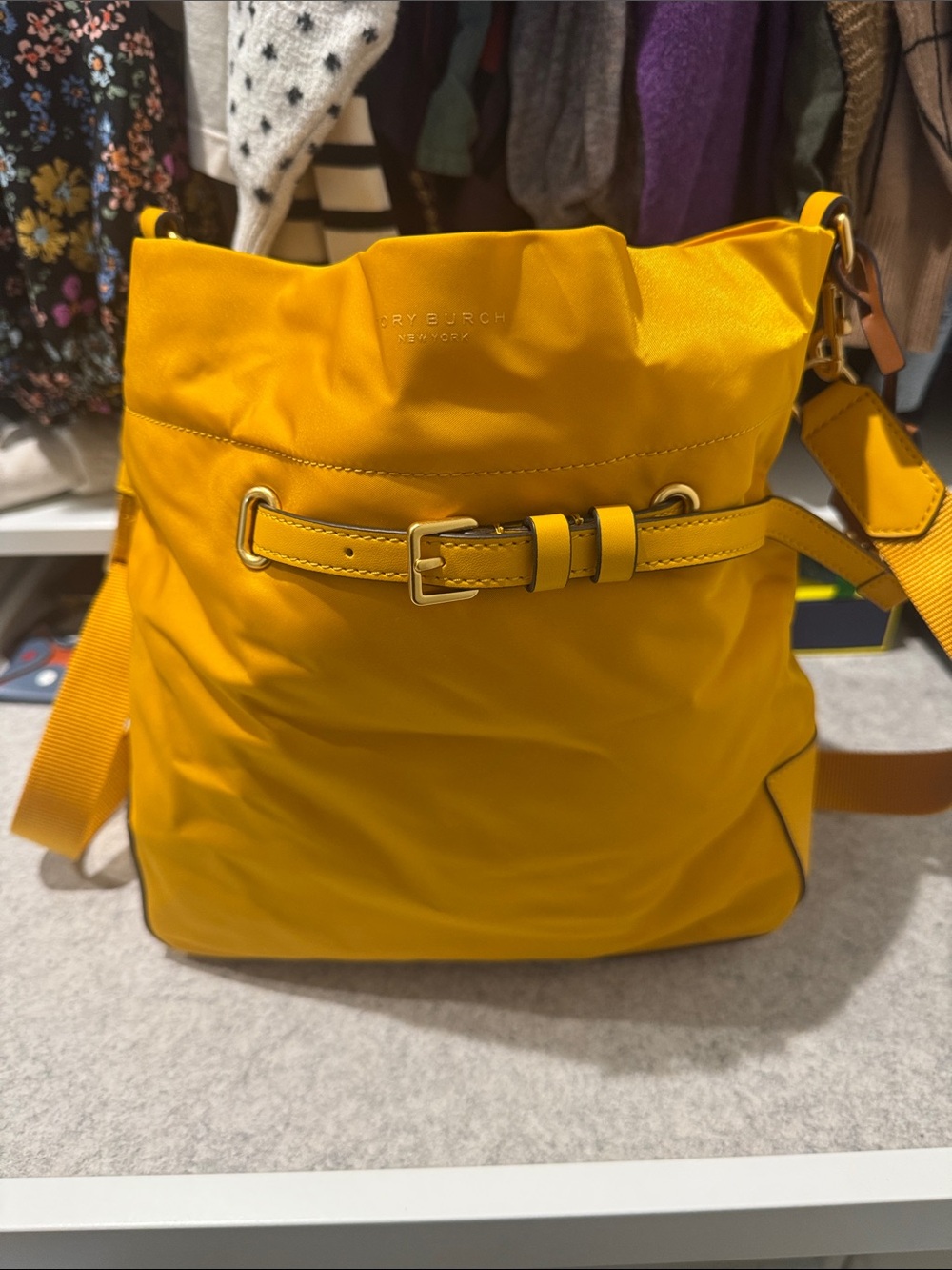Tory Burch Vibrant Yellow Crossbody Bucket Bag with Belt Detail